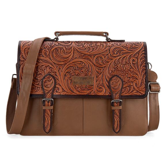 Wrangler Brown Genuine Leather Tooled Travel/Laptop/Messenger Bag *NEW Package* - Picture 2 of 7
